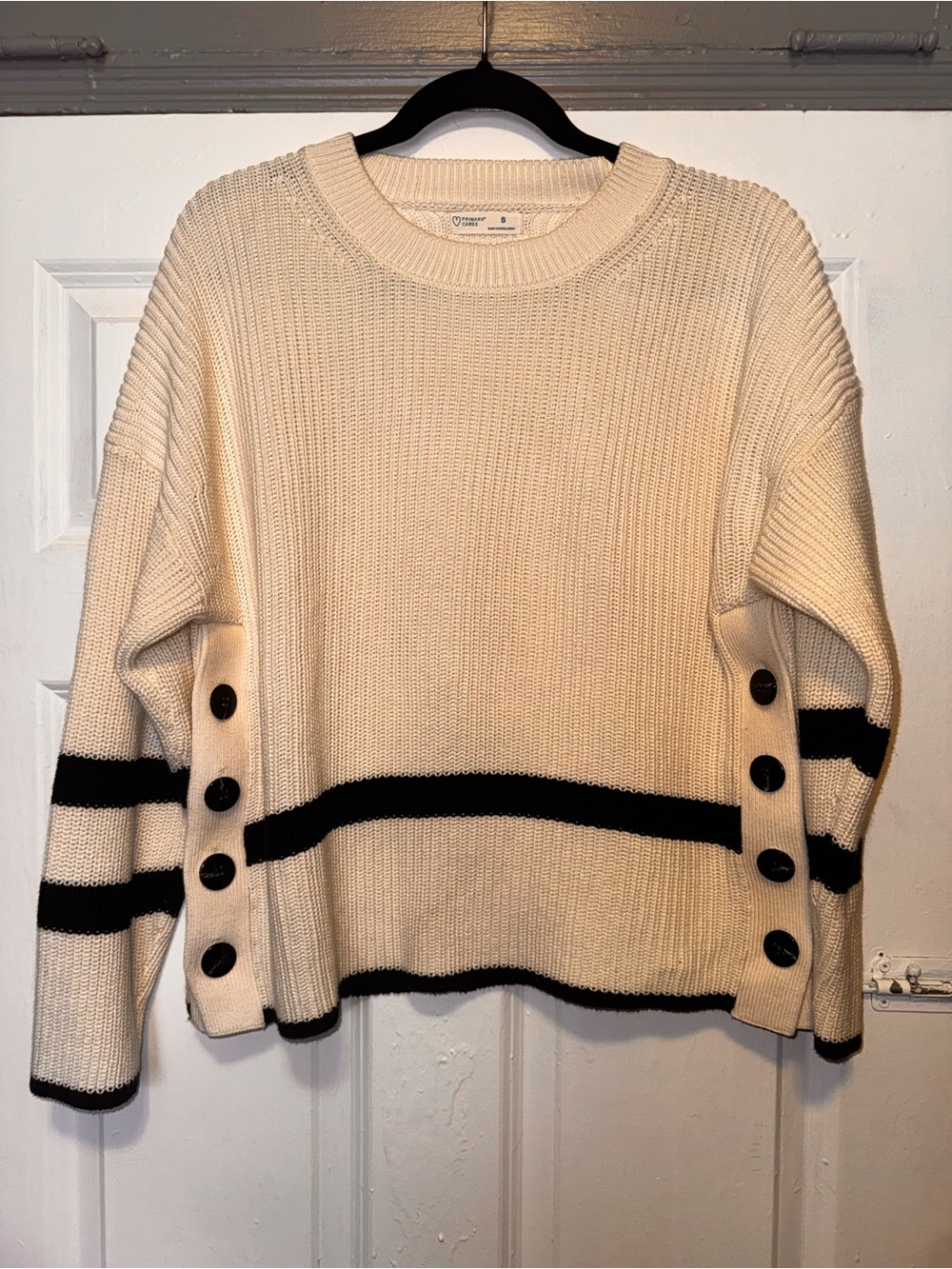 Primark Cream Crewneck Sweater with Black Stripes and Side Buttons